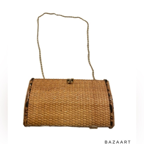 Vintage Woven Bamboo-like shoulder bag with gold chain  or clutch without. B8 - Picture 1 of 6